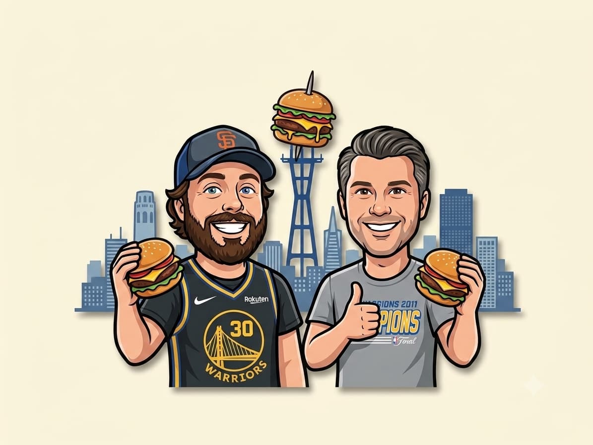 Justin and JD, holding burgers, in front of the San Francisco skyline